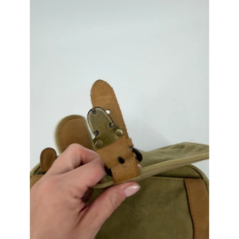 LL Bean Canvas Messenger Bag Olive Green Leather Trim Crossbody Field Bag Vtg